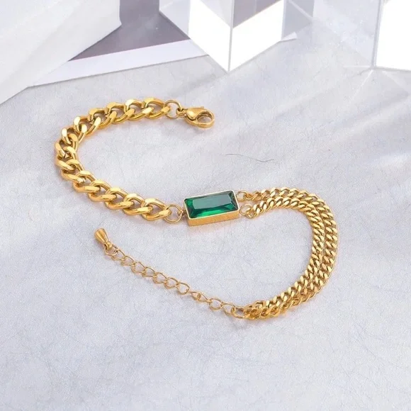 HIGH Quality Simple Hip-Hop Titanium Steel Green Square Zircon Bracelet - Picture 1 of 11